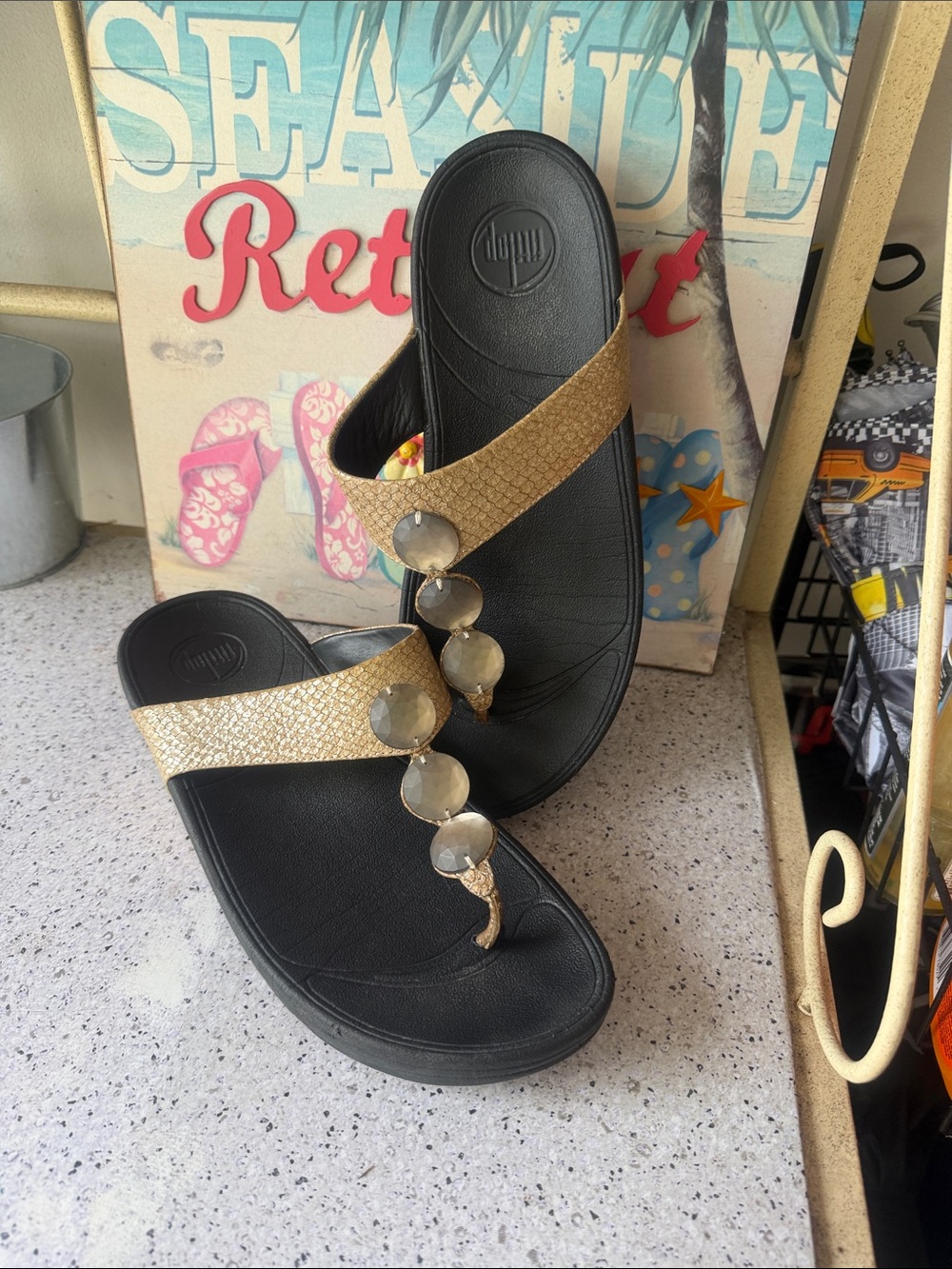 FitFlop Black Footbed with Gold Gem-Embellished Toe-Post Sandals